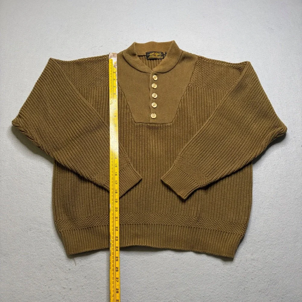 Eddie Bauer Sweater Mens L Brown Vintage Henley Chunky Knit Cotton Shawl Collar